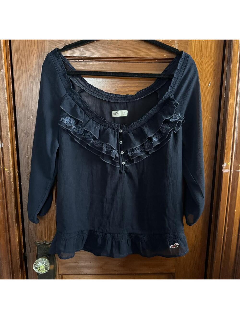 Hollister dark navy blue ruffle sheer blouse with lace trim